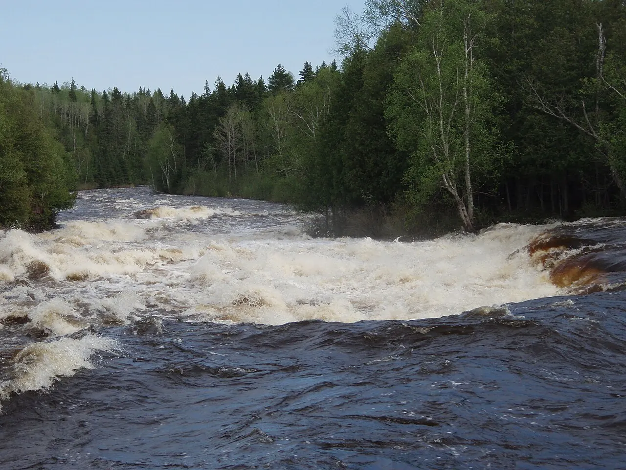 Brown water rushing over the rapids at Trowbridge Falls during the June 2008 flood.